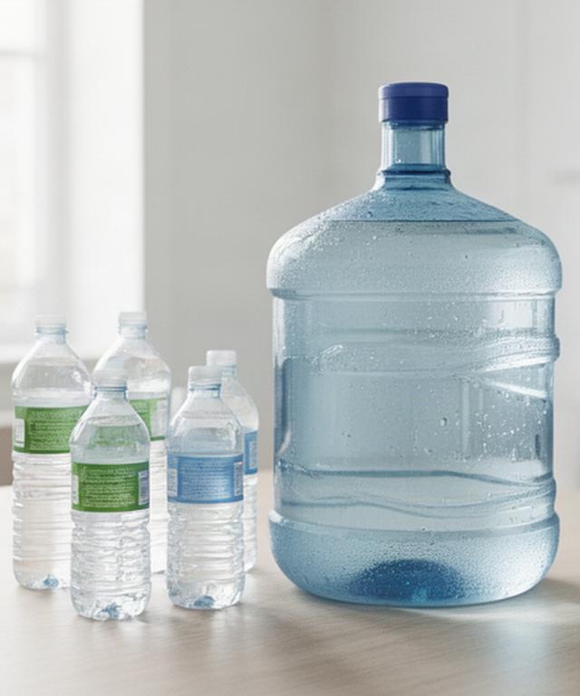 Garrafón de agua mineral natural sobre una mesa luminosa junto a varias botellas para entrega a domicilio